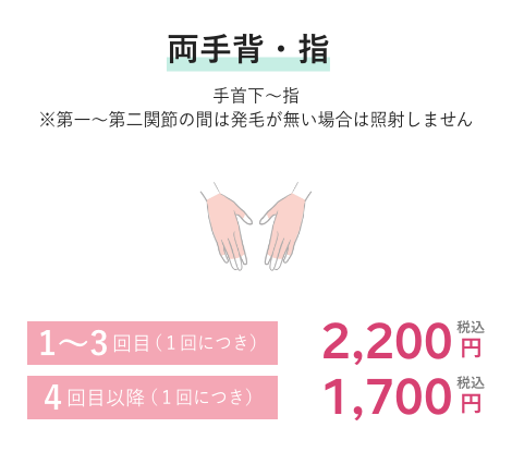 両手背・指 1~3回目(1回につき)2,200円税込 4回目以降(1回につき)1,700円税込