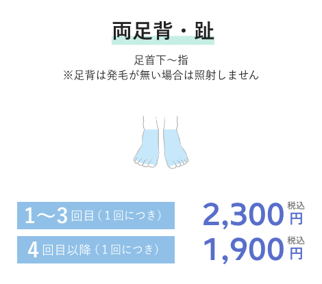 両足背・趾 1~3回目(1回につき)2,300円税込 4回目以降(1回につき)1,900円税込